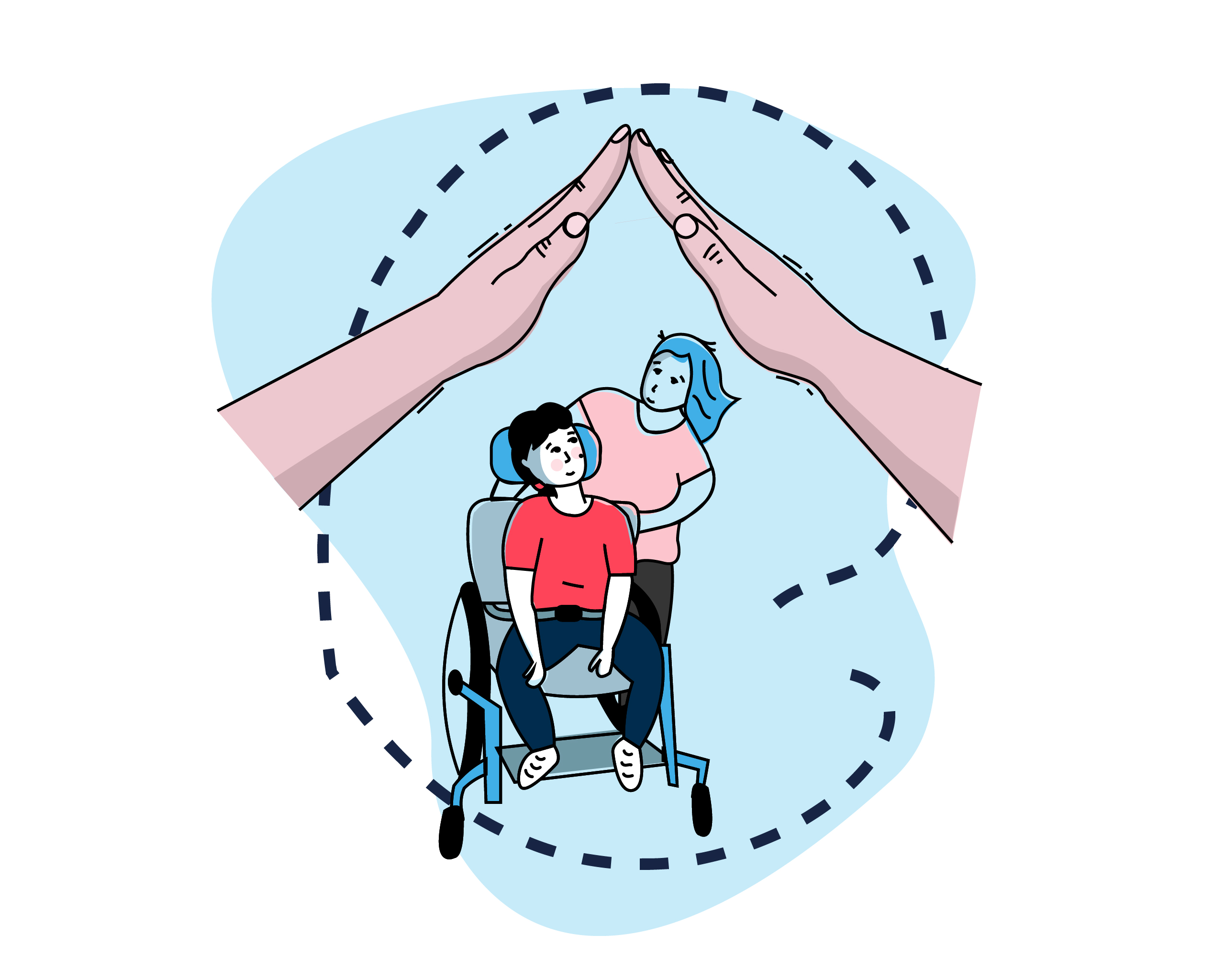 image of hands making a house over a child in a wheelchair and their caregiver